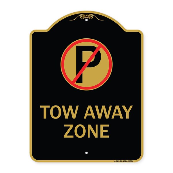 Tow Away Zone No Parking Symbol, Black & Gold Aluminum Architectural Sign, 18" x 24", BG-1824-22804